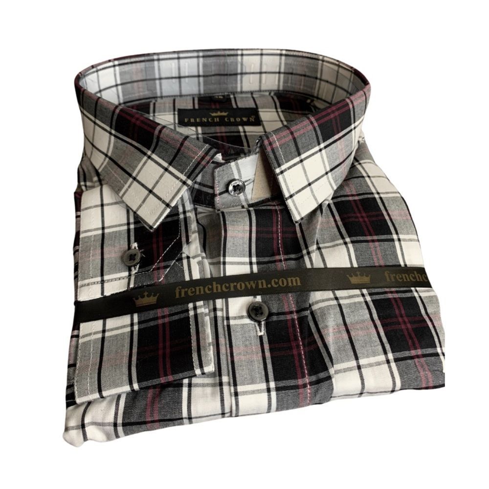 French Crown Plaid Cotton Button Down Shirt Black Purple